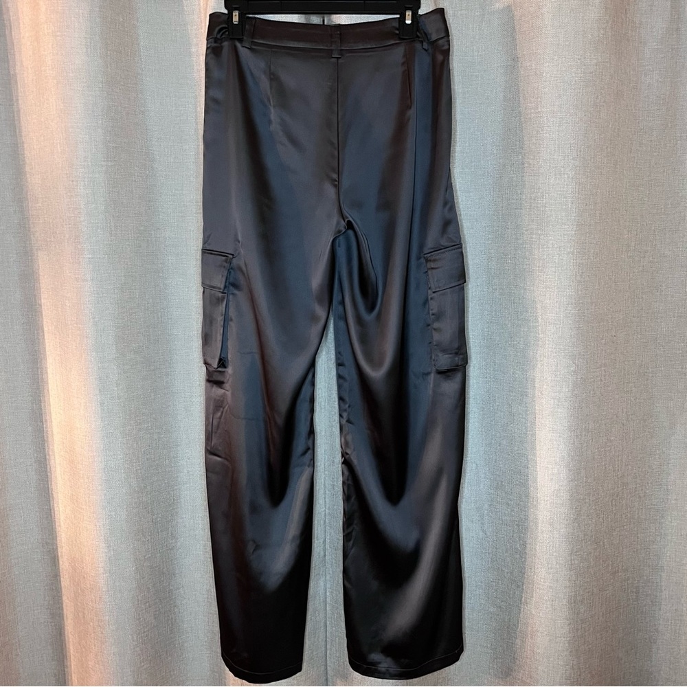 Wide Leg Satin Cargo Pants in Charcoal Gray - Picture 7 of 8
